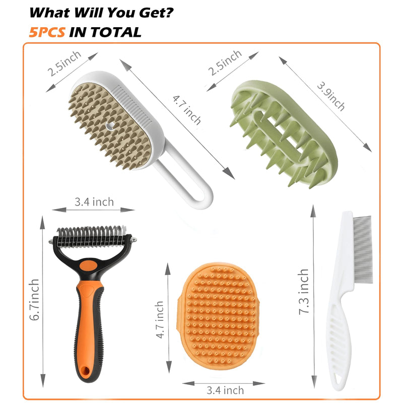 5 Pack Cat Steam Brush Kit - Pet Mist Water Brush for Dogs, Includes Steamy Brush, Undercoat Rake, Bath Brush, Flea Comb - Dynamic Dematting Tool White - PawsPlanet Australia