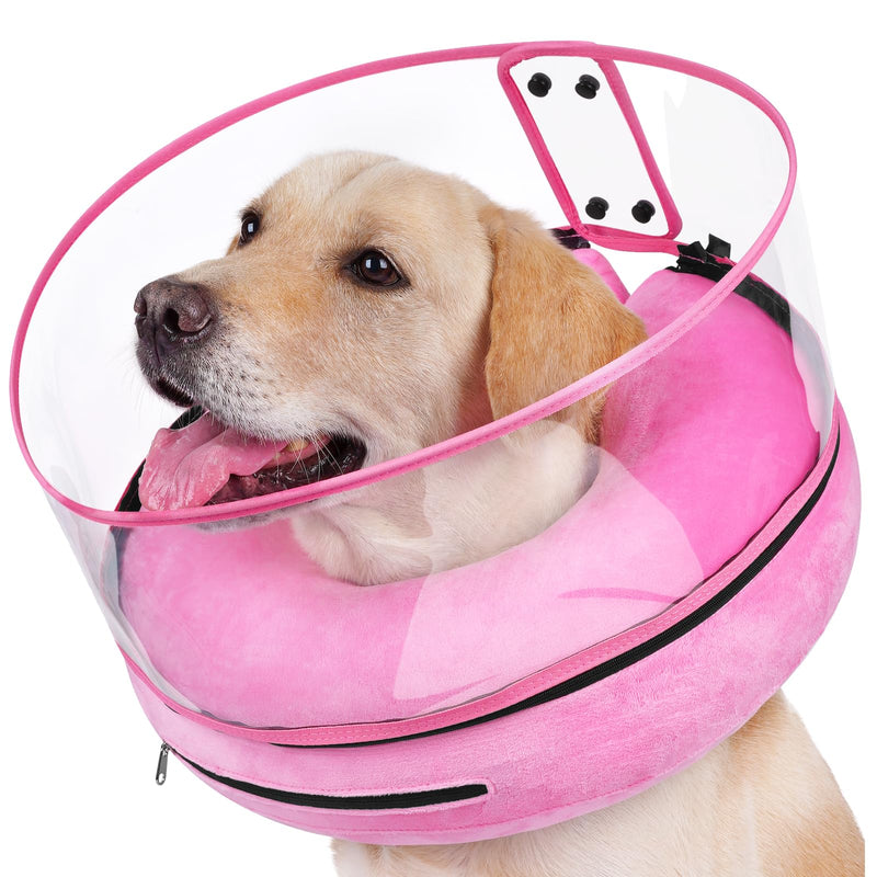 BARKLESS Inflatable Dog Cone, Protective Dog Surgery Collar to Stop Licking Biting Wounds, Patented Soft Donut Cone with Clear Shield, Adjustable Blow-up Collar for Surgery Recovery (Pink, S) Pink S (Neck: 5"-8")