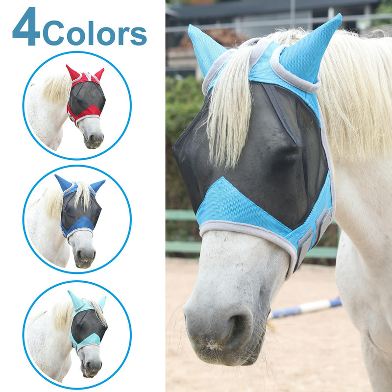 Horse Fly Mask with Ears Cover | Forelock Opening for Tangle-Free Mane Care | UV Protection & Breathable Mesh | No Rub Fit and Enhanced Visbility for Trail Riding Paleblue Pony Pale Blue