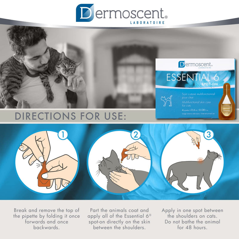 Essential 6 spot-on for Cats - Skin Care for Dandruff Dry or Oily Skin & Hair Loss - Natural Essential Oils & Fatty Acids - Healthy Skin & Coat - 4 Pipettes of 0.6 ml / 0.08 fl. oz