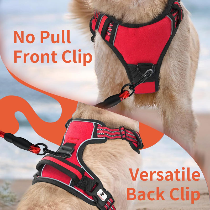 kazazoo Dog Harness, No-Pull Pet Breathable Harness, Adjustable Soft Padded Dog Vest with 2 Leash Clips, Reflective No-Choke Pet, Easy Control Handle for Large Dogs, Red, S - PawsPlanet Australia