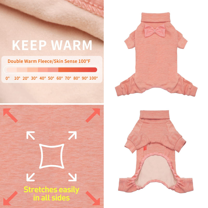 KYEESE Dog Pajamas Turtleneck Stretchy Dog Pjs Super Soft Velvet Material Dog Onesie Outfits with Bowtie Dog Cold Weather Coat Medium (7-11lbs) Pink - PawsPlanet Australia