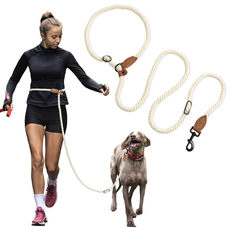Mile High Life Hands Free Dog Leash, Crossbody Waist Leash with Genuine Leather Connection, Multifunctional Adjustable Slip Lead for Dog Walking Running (Cream, 7FT) Cream 7FT Hands Free - PawsPlanet Australia