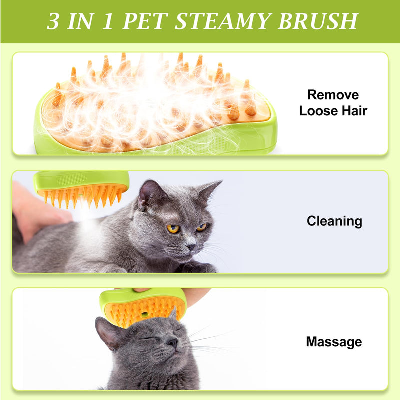 Steam Brush for Cats Shedding, 3 in 1 Steamy Water Pet Hair Removal Comb with Steamer, Spritz Comb for Dog, Indoor Cat Spray Mist Grooming Defur Brush, Cepillo Vapor Gato Perro, Steaming Cleaning Spa Green
