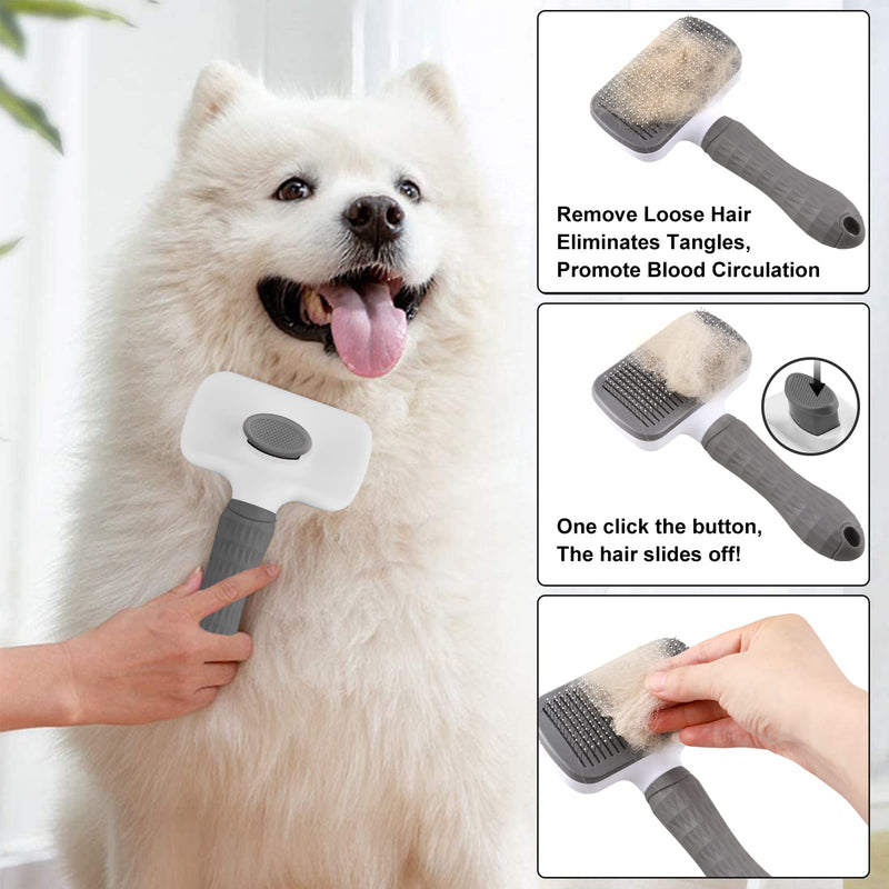 Dog Brush Cat Grooming Comb,Self Cleaning Pet Slicker Brushes with Smooth handle,Dog Grooming Tool with Button for Pet Shedding Brush Cat Massage Clean Tangled Grey - PawsPlanet Australia