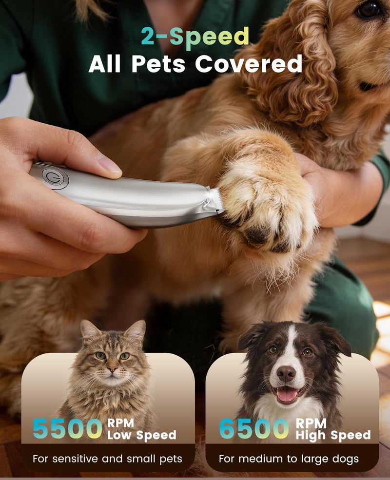 oneisall Upgraded Dog Paw Trimmer with 2-Speed, LED Light, Low Noise, Curved Blade for Precision Trimming, Rechargeable 19mm Paw Trimmer for Dog/Cat Paws, Eyes, Ears, Face, and Rump