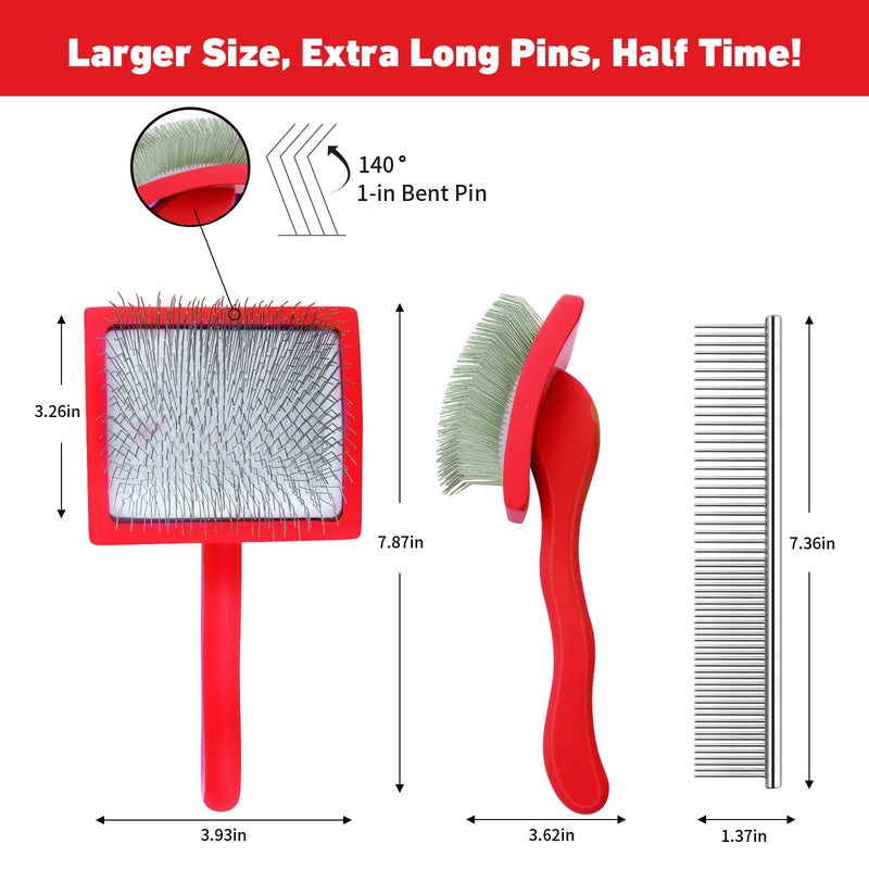 Dog Slicker Brush for Shedding and Grooming Medium or Long Haired Cats, Extra Long & Soft Pin Slicker Brush for Removes Loose Hair, Tangles, Knots, Undercoat, Free Pet Comb, Large Red - PawsPlanet Australia
