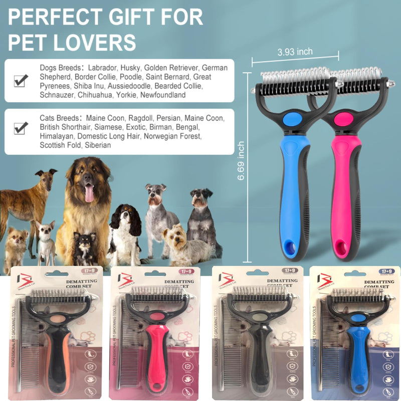 Pet Dematting Comb, Double-Sided Grooming Rake for Dogs and Cats, Deshedding Tool for Removing Knots and Tangles (Pink, L) Pink