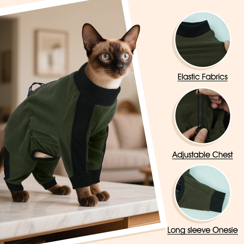 DENTRUN Cat Clothes with Anti-Shedding Fabric - Soft Recovery Suit & Breathable Lint-Resistant Cat Sweater for Wound Care & Hair Control, Kitten Onesie Pajamas, XXL, Army Green XX-Large - PawsPlanet Australia