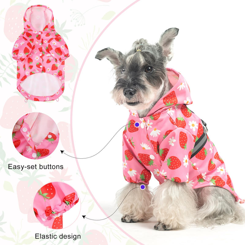 BEAUTYZOO Dog Raincoat Hooded with Harness Built-in for Small Medium Large Dogs Girls Boys, Dog Rain Jacket Slicker Poncho, Waterproof Dog Rain Coat Clothes for Winter Rainy Snowy Days, Pink S S(Back 13.2", Chest 18.5", Neck 13.9") Strawberry Pink