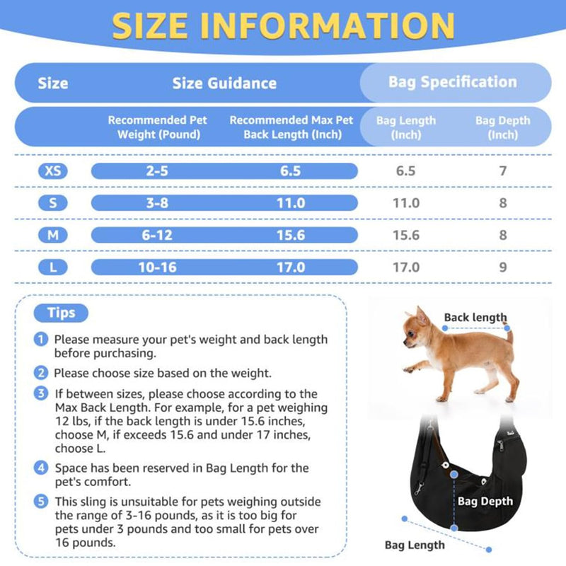 Lukovee Pet Sling, Hand Free Dog Sling Carrier Adjustable Padded Strap Tote Bag Breathable Cotton Shoulder Bag Front Pocket Safety Belt Carrying Small Dog Cat Puppy Machine Washable (Black, S) A1- Black Cotton Fabric For Pets 3~8lbs