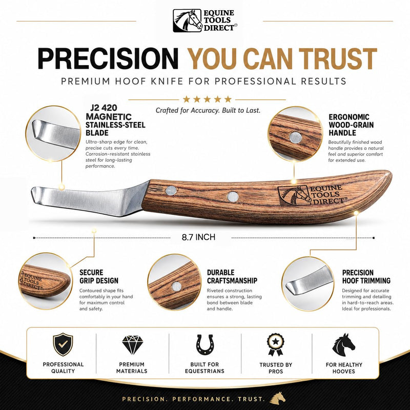 Curved Blade Hoof Knife, J2 420 Magnetic Stainless Steel, Right-Hand, Ergonomic Wooden Handle, Professional Farrier Trimming Tool