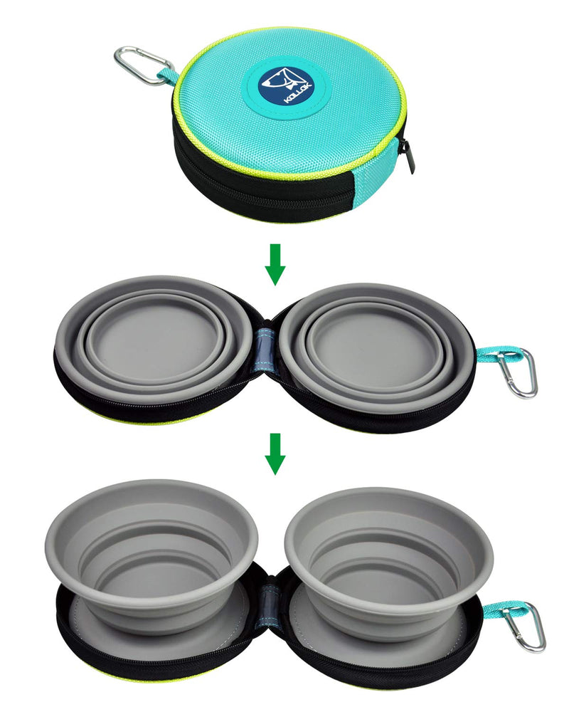 KALLAK Travel Twin Pet Bowls for Dogs or Cats, Collapsible Silicone Bowls for Food and Water Feeding, Anti-Dirty Foldable Zip Up Carry Case with Carabiner Clip, Portable Hiking Dog Bowl - Turq - PawsPlanet Australia