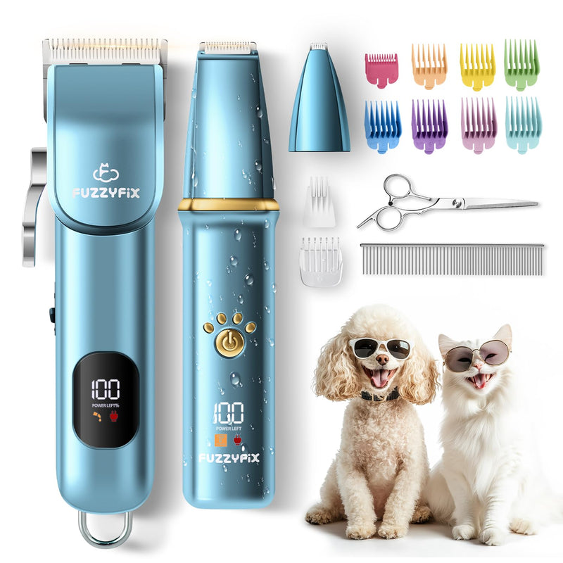 Dog Grooming Kit, Dog Clippers for Grooming for Thick Curly Coats, Professional Pet Hair Shaver Paw Trimmer Cordless Rechargeable Low Noise for Dogs Cats Animals Face Ear Blue - PawsPlanet Australia