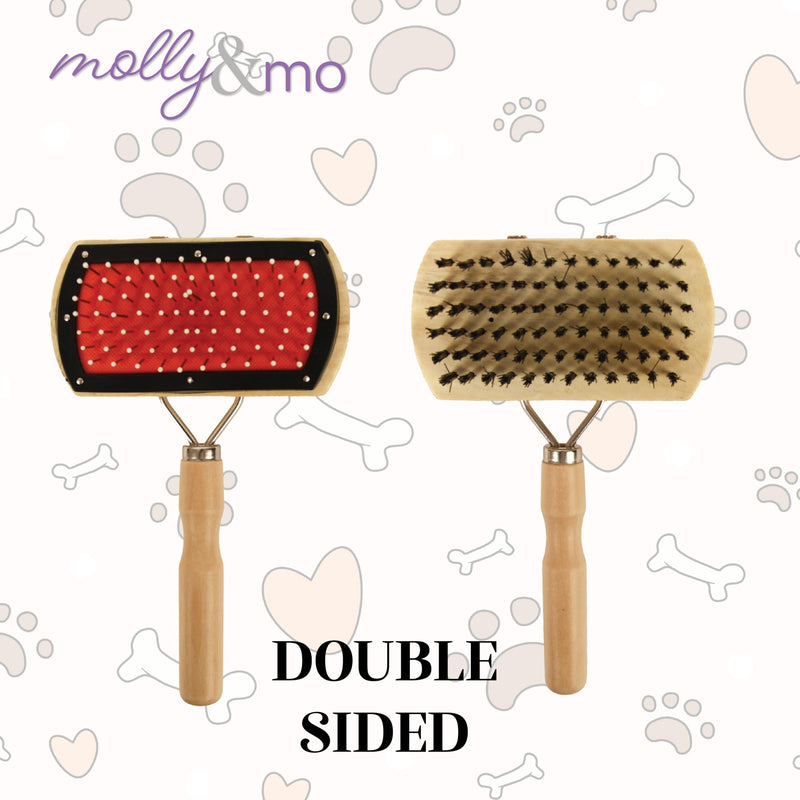 Double-Sided Dog 7 Inch Grooming Brush with Wood Handle, 2-In-1 Pin and Bristle Brush for Pet Hair