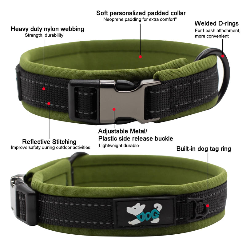 Nylon Padded Dog Collar Soft Adjustable Reflective Wide Pet Collars for Small Medium Large Dogs,Black/Green,S Black/Green - PawsPlanet Australia