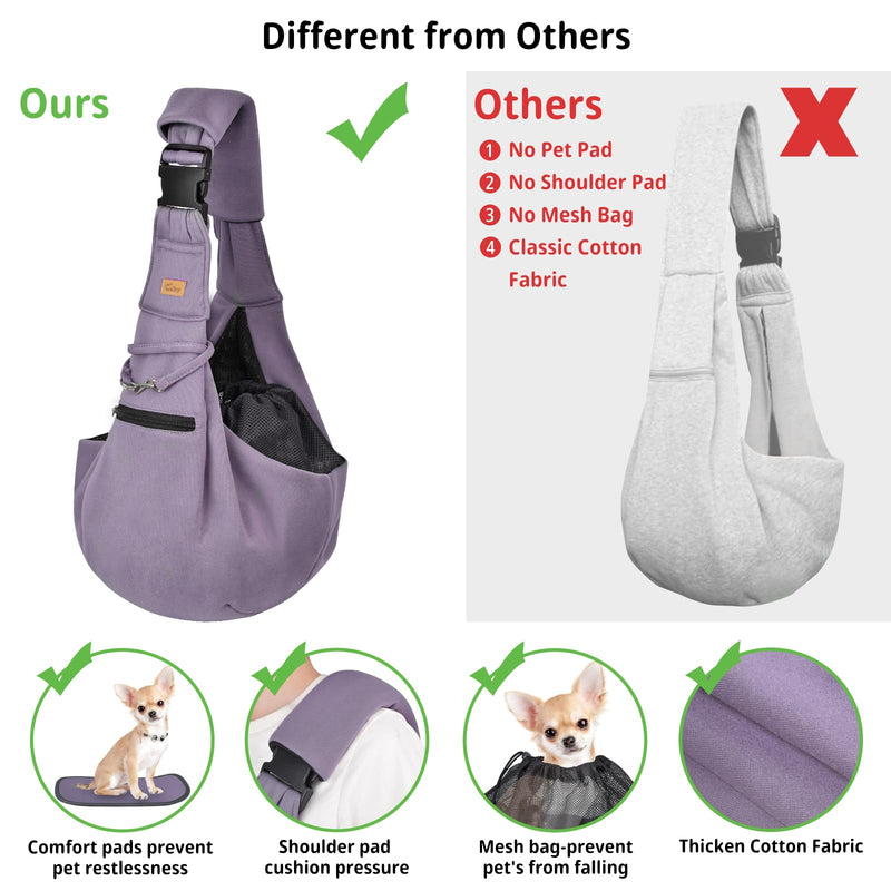 CUBY Dog and Cat Sling Carrier - Hands Free Reversible Pet Papoose Bag - Soft Pouch and Tote Design - Suitable for Puppy, Small Dogs Cats Outdoor (Purple, Adjust Strap 2.0) Purple 47 cm L x 20 cm W x 23 cm H