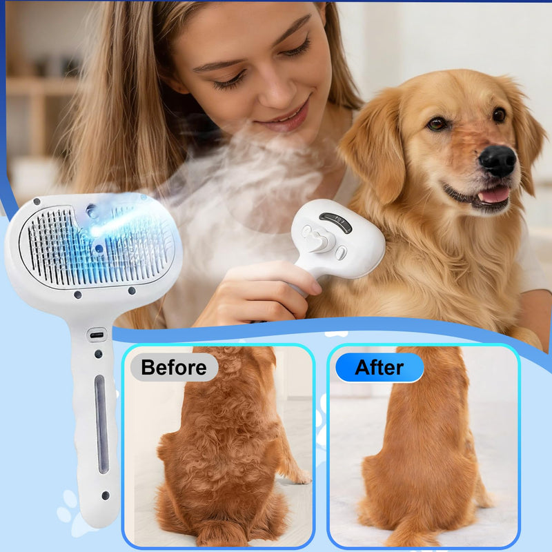 Pet Steam Brush for Dog & Cat - 4-in-1 Blue Light Steam Grooming Brush for Shedding & Hair Removal - Self Cleaning Spray Comb with Mist for Long Haired Pets - Includes 1*Waterless Shampoo, White.