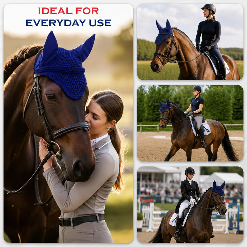 Equine Care Horse Fly Bonnet Full Size Blue – Breathable Cotton Crochet Ear Bonnet, Fly Veil & Ear Net for Horses with Noise Reducing Cotton Ears for Dressage, Hunter Jumper & English Riding