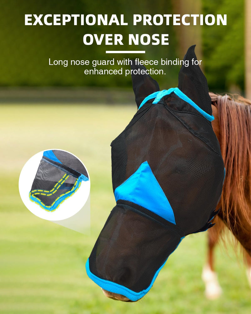 Hilltown Horse Fly Mask with Ears and Nose Cover - Large Eye Space, Full Face UV-Block, Breathable Mesh, Adjustable Fit, Soft Fleece Trim for Grazing, Riding & Daily Use - Pony, Blue