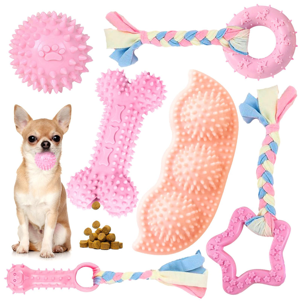 6 Pack Puppy Chew Toys for Teething - Cute Pink Soft Rubber Rope Balls for Small Dogs, Yorkies - Fun Bones Clean Teeth S