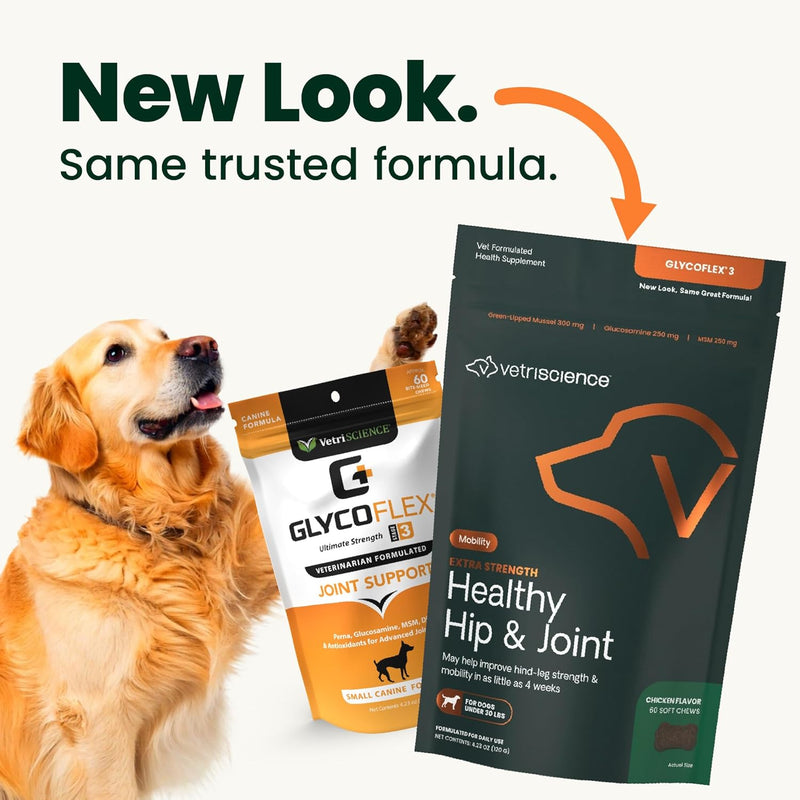 VETRISCIENCE Glycoflex 3 Maximum Strength Hip & Joint Support for Small Dogs Under 30lbs - Glucosamine, DMG, MSM & Green Lipped Mussel - Great Tasting - Vet Recommended, (0900669.060) - PawsPlanet Australia