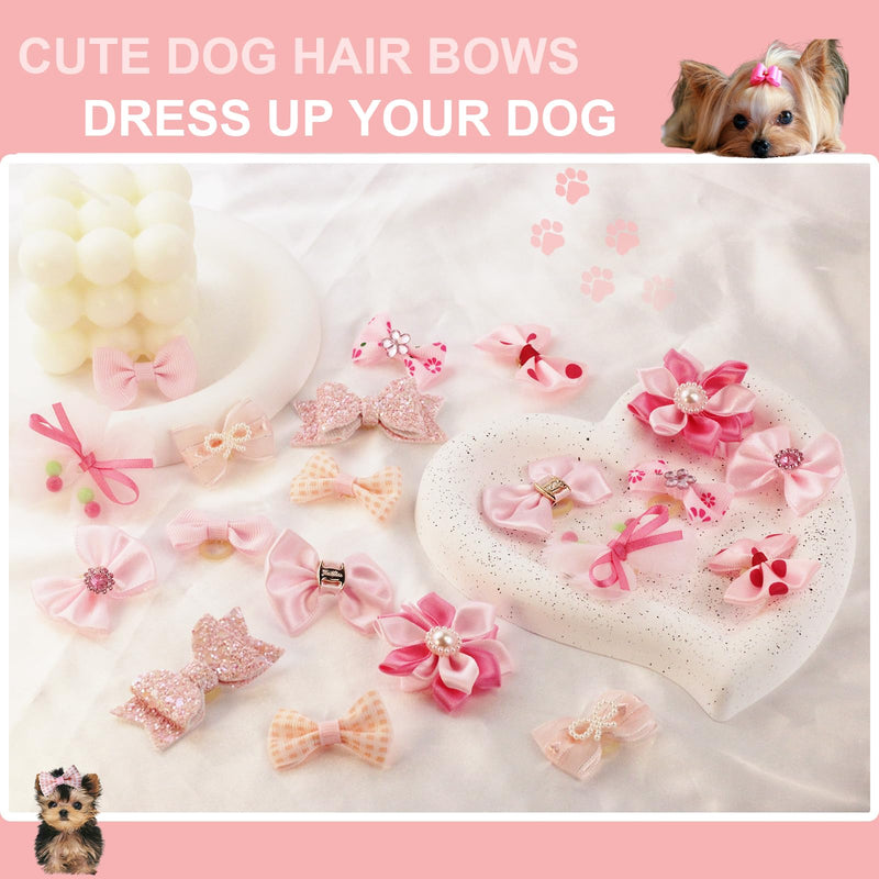 20pcs Light Pink Small Puppy Dog Hair Bows with Rubber Bands, Flower Ball Bowknot Rhinestone Pearls Hair Ties Mix Style for Dog Hair Accessories - PawsPlanet Australia