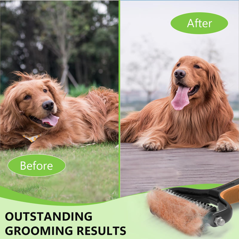 Deshedding Dog Brush for Shedding - 2-in-1 Professional Undercoat Rake and Furminator for Dogs | Shedding Control for Long-Haired Dogs and Cats, Deshedding Tool, Knot Removal,Orange Orange - PawsPlanet Australia