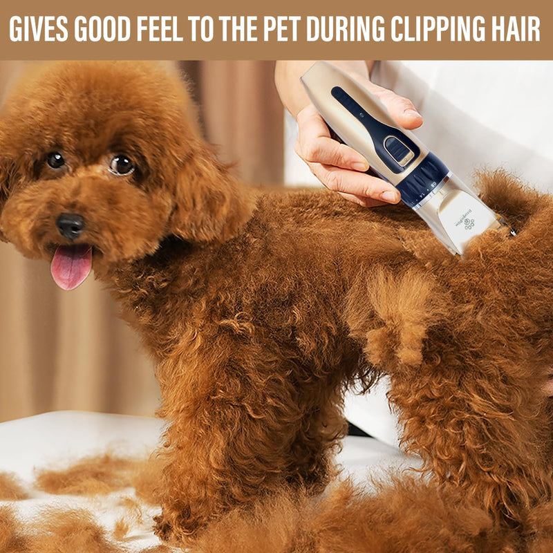 Dog Grooming Kit – Low Noise Cat & Dog Hair Trimmer with Pet Nail Cutter | Cordless Dog Clippers for Grooming Thick Coats with Bath Brush, & Shaver with Scissors for Dogs Cat Animal Gold With Led Display - PawsPlanet Australia