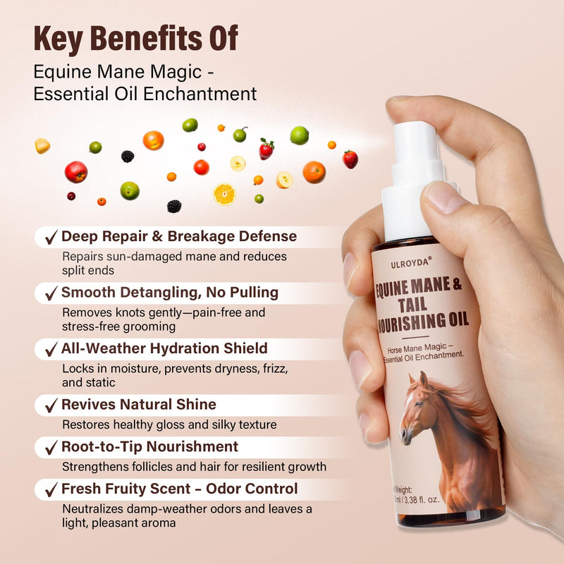 Equine Essential Oil Spray – Olive & Jojoba Blend for Silky Mane & Tail | Smooths, Detangles & Adds Natural Shine | for Horses & Dogs, 3.38 oz Fruity Melon Scent
