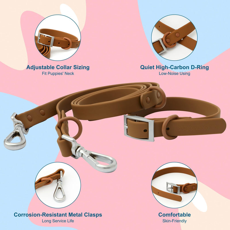 Dog Collar and Leash Set, Durable Waterproof Dog Leashes Collars, 5 Length Setting Adjustable Dog Collars for Large Medium Small Dogs (Brown, L) L (Collar:14.7''-18.7'';Leash:5.8ft) Brown - PawsPlanet Australia