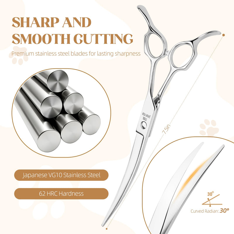 7.5 In Curved Dog Grooming Scissors, Professional Japan VG10 Steel Pet Grooming Shears, Ergonomic Reversible Handle for Face, Eyes, Paws, and Body Curved Scissors