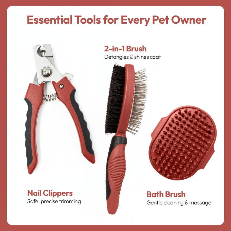 PW Pet Grooming Tools for Dogs & Cats- Safe On Skin Easy To Use Dog Grooming Kit with Ergonomic, Non-Slip Handle– Includes Pet Nail Clippers, 2-in-1 Slicker Brush & Hand-Held Bath Brush- Paw Mountain Double Sided Brush/ Bath Brush/ Nail Clipper - PawsPlanet Australia