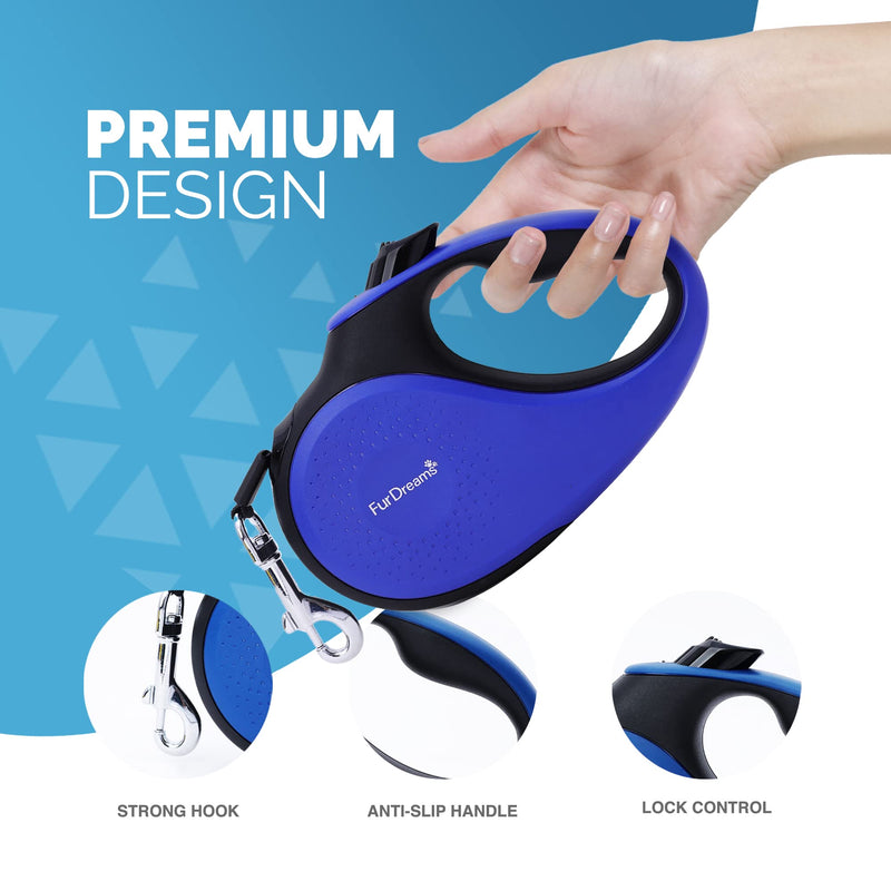 FurDreams Nylon Dog Lead - 5m (50kg/110lbs), Retractable Dog with Lock Button, Heavy Duty Extendable Lead, Anti-Tangle Leash with Comfortable Handle (Blue, Large) Blue