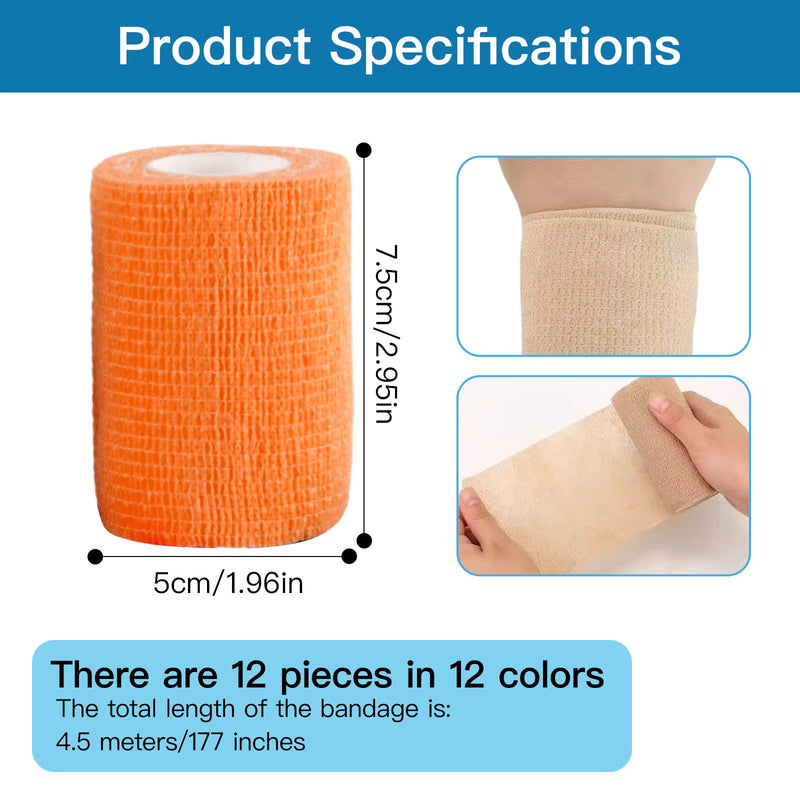 12 Rolls Self-Adhesive Elastic Cohesive Bandage 7.5 cm x 4.5 m Non-Woven Cohesive Bandage for Hands, Feet, Knee, Cat, Dog, Horse Pets