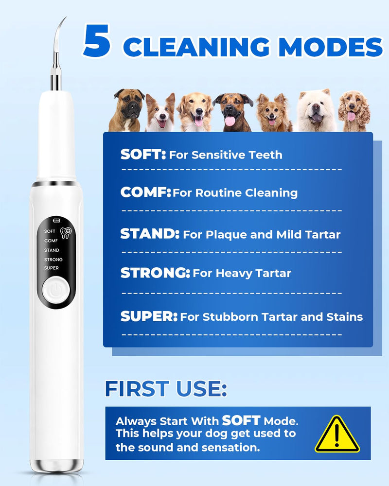Ultrasonic Dog Tooth Cleaner, Plaque & Tartar Remover for Dogs | 5 Cleaning Modes, 2 Replaceable Heads, Built-in LED Light, Easy One-Button Operation, Suitable for Dogs & Cats