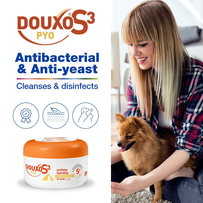 DOUXO S3 PYO Antibacterial and Antifungal Dog and Cat Pads (Wipes) - Veterinary Recommended and Clinically Proven - Hypoallergenic Fragrance - Hot spots - Safe Skincare Selection - 30 pads - PawsPlanet Australia