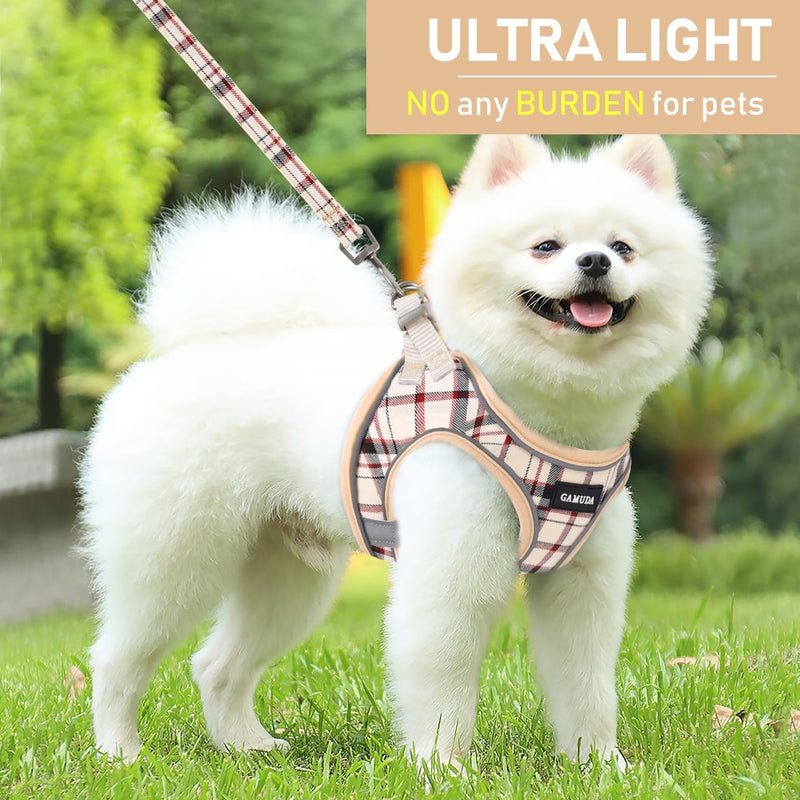 GAMUDA Small Dog Harness Collar and Leash Set, Step in No Chock No Pull Soft Mesh Adjustable Dog Vest Harnesses Plaid Reflective for Dogs Puppy Cats Kitten Rabbit (Beige, S) Beige Red
