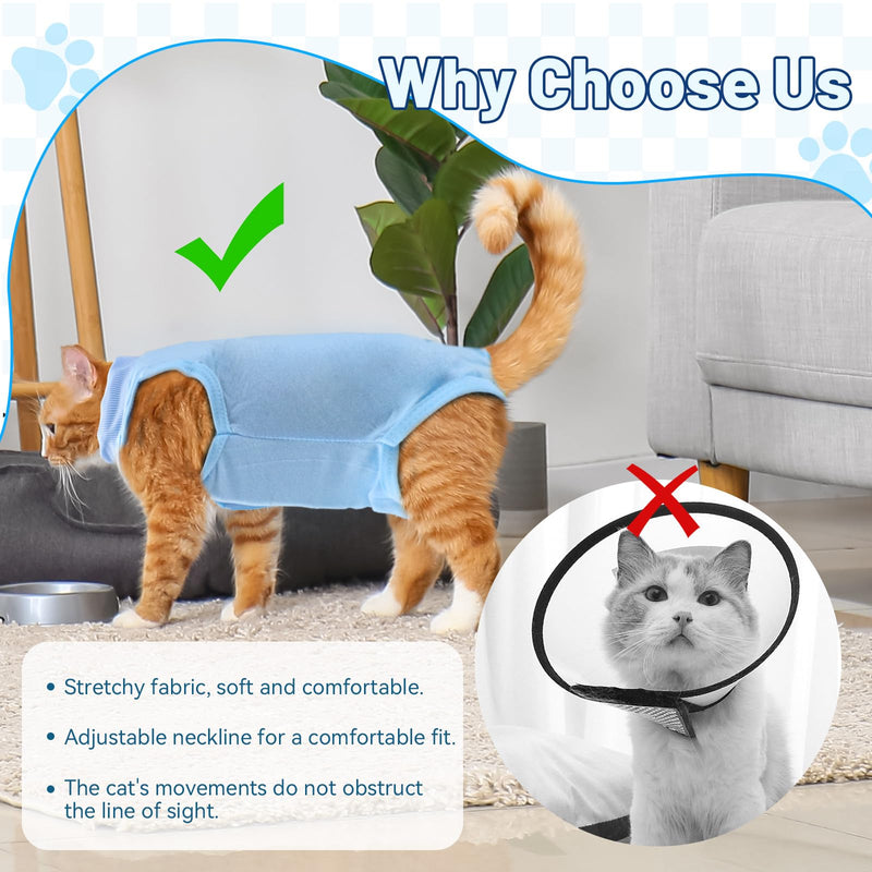 2PCS Blue Breathable Modal Cotton Cat Surgery Recovery Suit - Size L (Fits 8-14Kg), Elastic Lick-Proof Female Cat Onesie with Adjustable Collar, Pet Care for Spay Recovery & Weaning (L)