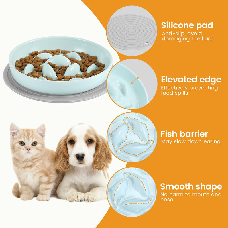 PETTOM Cat Slow Feeder Bowl, Ceramic Slow Feeder Cat Dog Bowls with Non-Slip Mat, Higher Edges Non-Spill Slow Eating Cat Food Bowl Puzzle Feeder Feeding Dish for Kitten Puppy Healthy Eating Diet Green