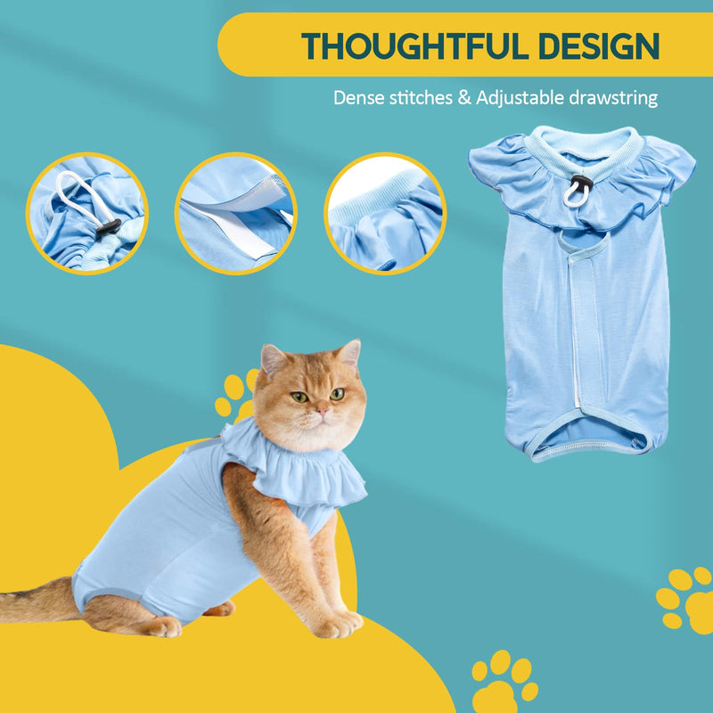 Avont Cat Recovery Suit - Kitten Onesie for Cats After Surgery, Cone of Shame Alternative Surgical Spay Suit with Ruffles for Female Cat, Post-Surgery or Skin Diseases Protection -Blue (L) Blue Large