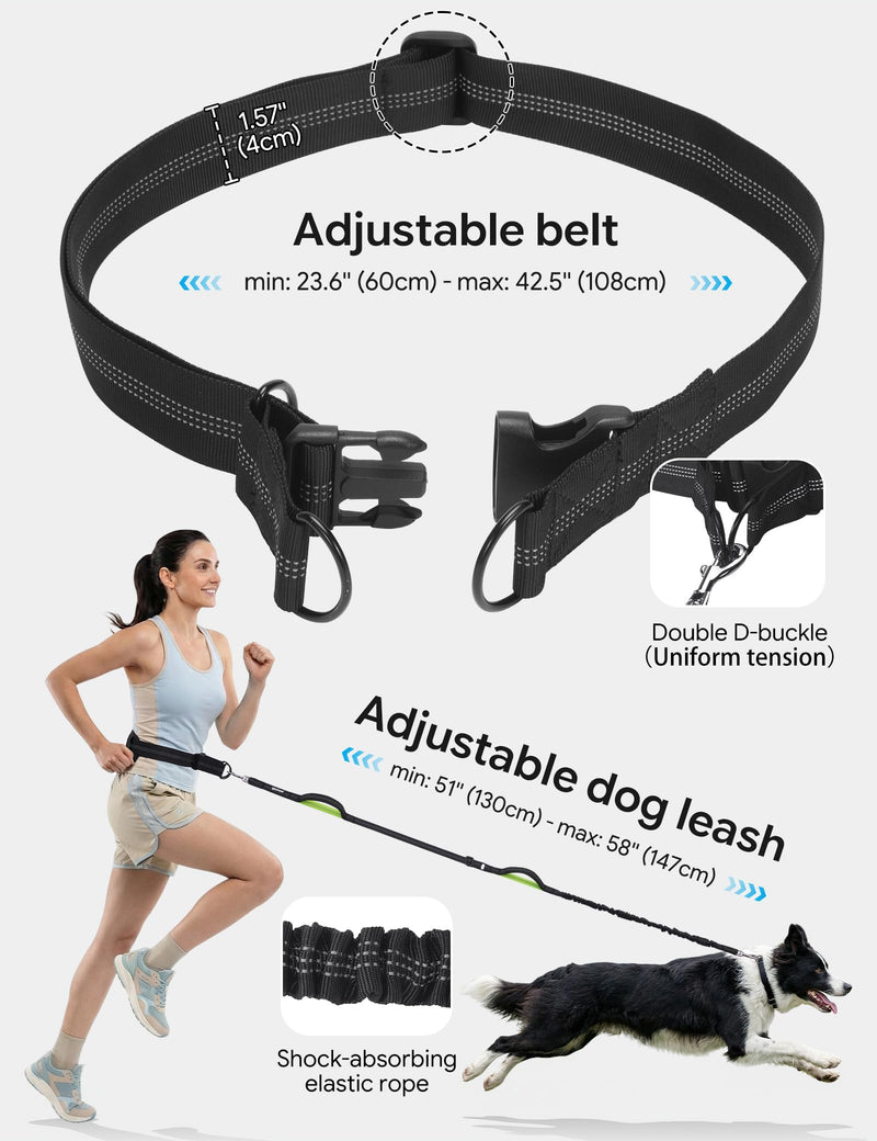 Hands Free Dog Leash, Running Waist Belt with Pouch Removable & Multifunctional| Shock Absorbing Bungee| Thickened Lumbar pad & Comfortable Dual Handles|Dog Walking, Training for 11-33lbs Puppy Small Black