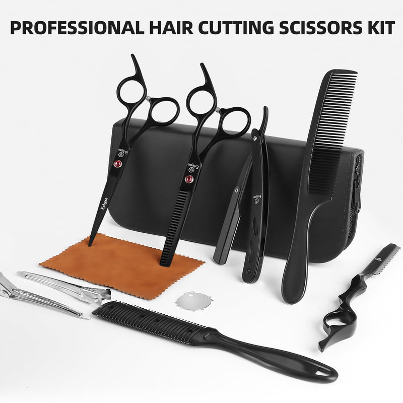 6.5 inch Hair Cutting Scissors Set with Razor, Professional Barber Hairdressing Texturizing Salon Haircut Scissor Japanese Stainless Steel Black