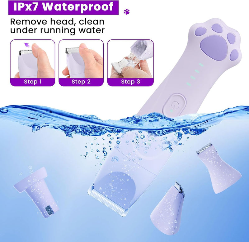 Dog Clippers for Grooming - 4-in-1 Dog Clippers Grooming Kit with Low Noise & IPX7 Waterproof Design Includes Comb Paw Trimmer Nail Grinder - Rechargeable & Cordless Dog paw Trimmer (Purple) - PawsPlanet Australia