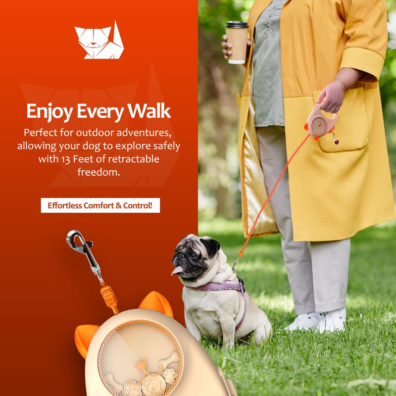 PupPlay Retractable Dog Leash | 13ft Nylon Tape with Auto-Locking, Ergonomic Handle | Durable, Stylish for Small and Medium Dogs up to 55 lbs, Orange - PawsPlanet Australia