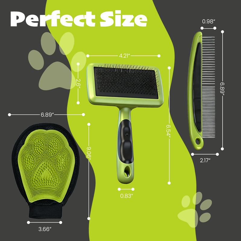 Cat & Dog Brush Set, Pet Grooming Kit with Metal Comb, Slicker Brush, Hair removal Glove for Detangling and Dematting Long, Matted Fur, Green - PawsPlanet Australia