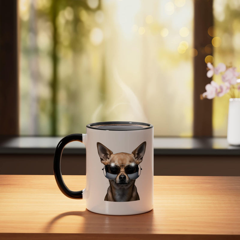 Chihuahua Sunglasses Cool Dog Face Stylish Pet Art Ceramic Mug, Black/White 11 Ounces