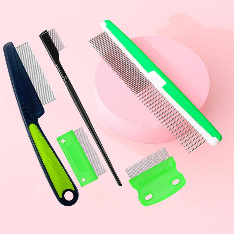 5 Pieces Pet Grooming Comb, Pet Hair Comb Rubber Handle Dog Hair Comb, Dog Eye Combs Pet Grooming Comb Flea Comb for Dog/Cat/Small Pets Removing Eye Mucus, Removes Knots, Mats and Tangles Green,Black - PawsPlanet Australia