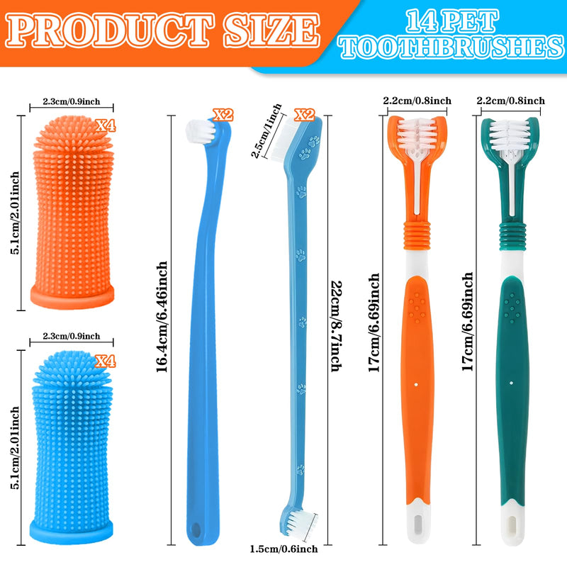 14-Piece Dog Toothbrush Set, Dog Toothbrush with 3-Head Brush & Finger Brush, Dog Dental Care Accessories for Pets, Multi-Angle Teeth Cleaning Set for Small, Medium and Large Pets