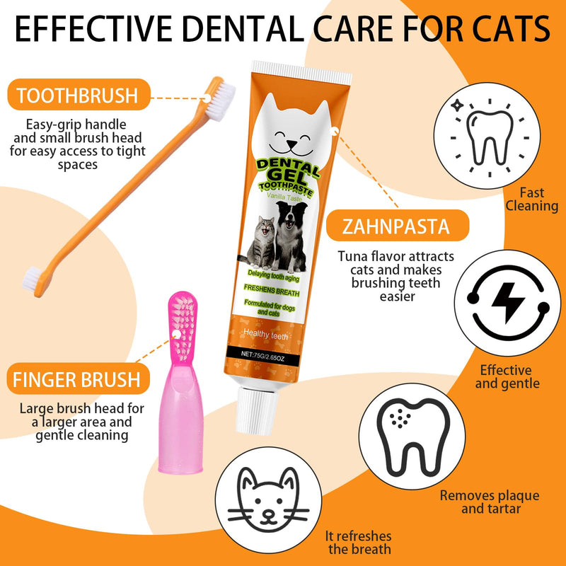 Cat Dental Care Set with Cat Toothpaste, Toothbrush Cats and Finger Toothbrush, Toothpaste Cat Gentle Formula, Helps Reduce Plaque, Fresh Breath, for Dogs and Cats